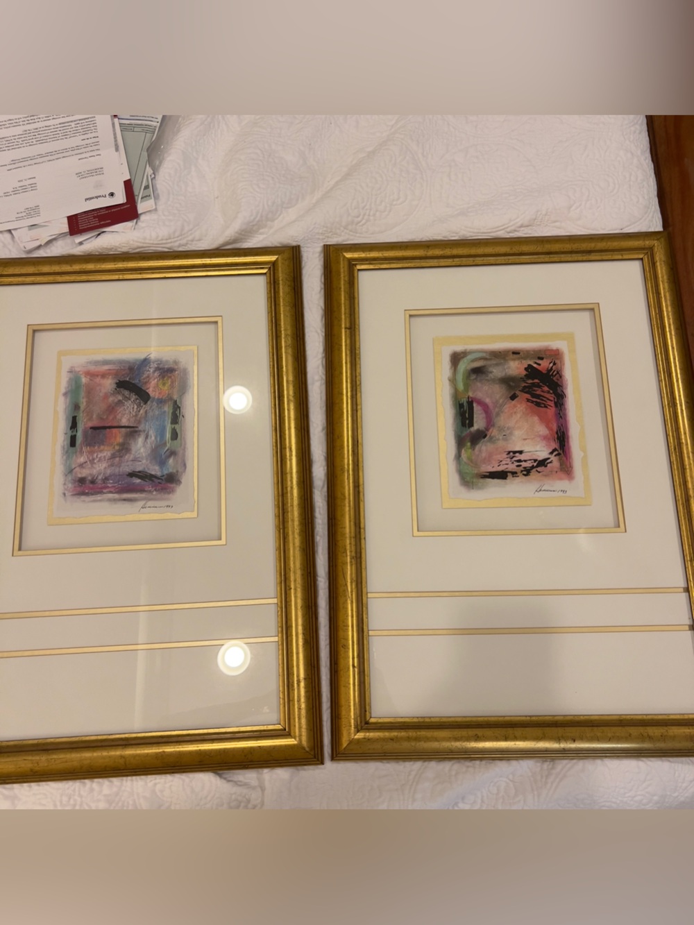 Set of 2 Abstract Watercolor Art Prints in Gold Frames